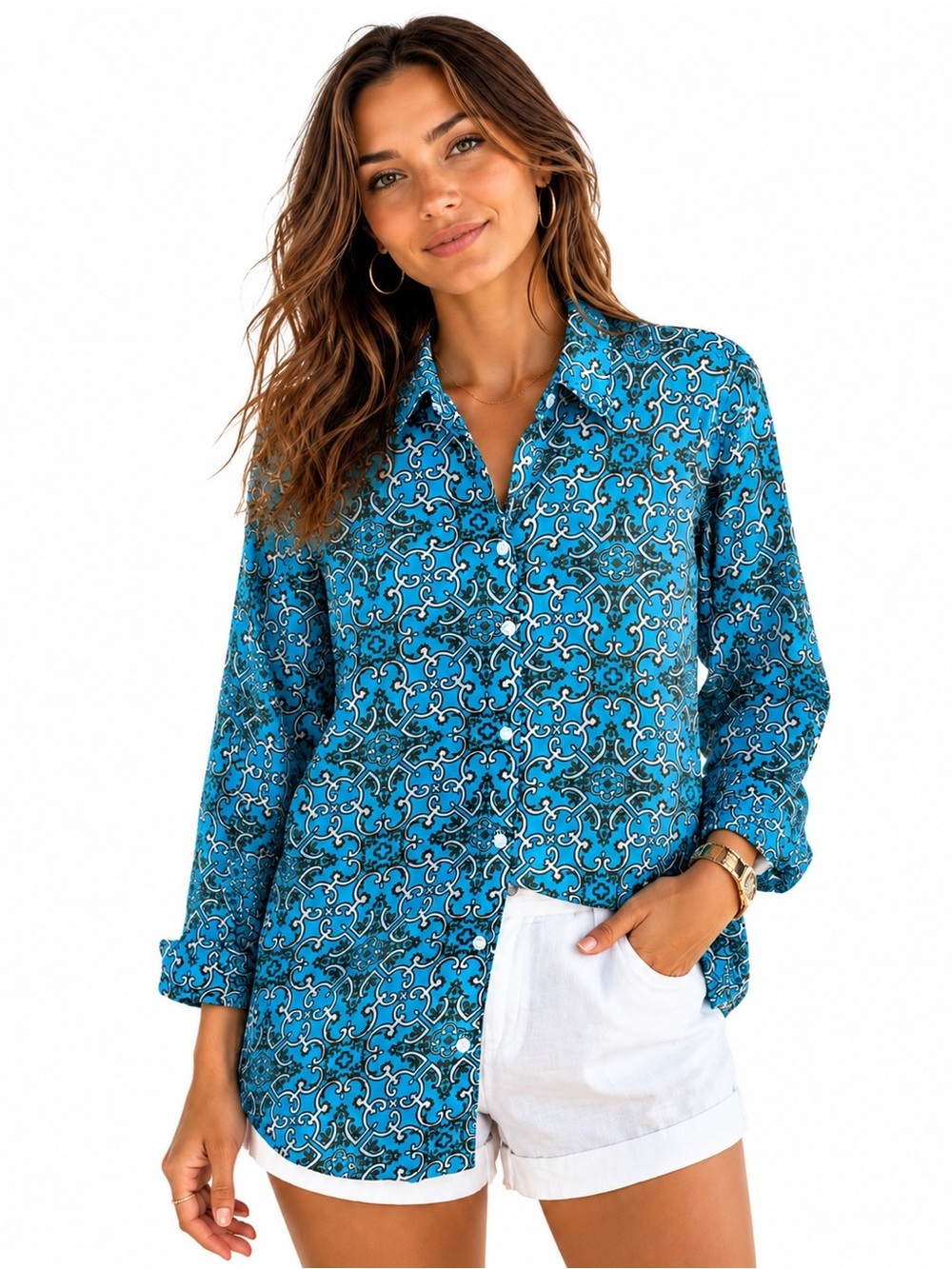 Tommy Bahama Blue Scroll Print Cotton Tunic Shirt Coastal Resort Boho Medium